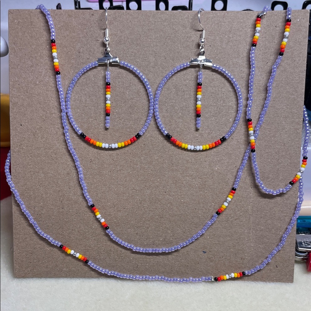 Colorful Beaded Hoop Earrings and Necklace Set